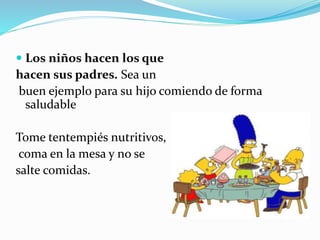  Los niños hacen los que
hacen sus padres. Sea un
buen ejemplo para su hijo comiendo de forma
saludable
Tome tentempiés nutritivos,
coma en la mesa y no se
salte comidas.
 