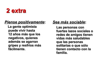 Piense positivamente :  La gente optimista puede vivir hasta  12 años más que los negativos, quienes además se agarran gripes y resfríos más fácilmente. Sea más sociable :  Las personas con fuertes lazos sociales o redes de amigos tienen vidas más saludables que las personas solitarias o que sólo tienen contacto con la familia.  2 extra 