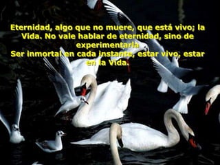 Eternidad, algo que no muere, que está vivo; la
   Vida. No vale hablar de eternidad, sino de
                experimentarla
Ser inmortal en cada instante, estar vivo, estar
                   en la Vida.
 