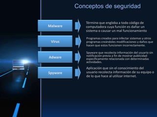 Término que engloba a todo código de
computadora cuya función es dañar un
sistema o causar un mal funcionamiento
Programas creados para infectar sistemas y otros
programas creándoles modificaciones y daños que
hacen que estos funcionen incorrectamente.
Spyware que recolecta información del usuario sin
notificación previa a fin de mostrar publicidad
específicamente relacionada con determinadas
actividades.
Aplicación que sin el conocimiento del
usuario recolecta información de su equipo o
de lo que hace al utilizar internet.
Conceptos de seguridad
Malware
Virus
Adware
Spyware
 
