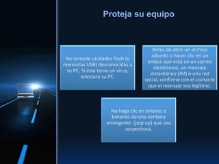 No conecte unidades flash (o
memorias USB) desconocidas a
su PC. Si ésta tiene un virus,
infectará su PC.
Antes de abrir un archivo
adjunto o hacer clic en un
enlace que está en un correo
electrónico, un mensaje
instantáneo (IM) o una red
social, confirme con el contacto
que el mensaje sea legítimo.
No haga clic en enlaces o
botones de una ventana
emergente (pop up) que sea
sospechosa.
Proteja su equipo
 