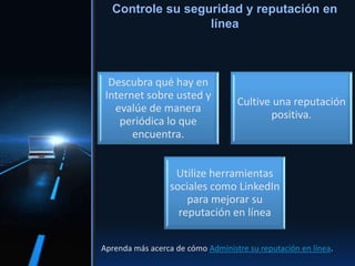 Descubra qué hay en
Internet sobre usted y
evalúe de manera
periódica lo que
encuentra.
Cultive una reputación
positiva.
Utilize herramientas
sociales como LinkedIn
para mejorar su
reputación en línea
Controle su seguridad y reputación en
línea
Aprenda más acerca de cómo Administre su reputación en línea.
 
