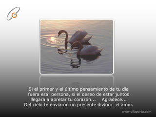 Si el primer y el último pensamiento de tu díafuera esa  persona, si el deseo de estar juntos llegara a apretar tu corazón...    Agradece...Del cielo te enviaron un presente divino:  el amor.www.vilaporta.com