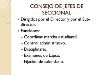 CONSEJO DE JEFES DE
SECCIONAL
Dirigidos por el Director y por el Subdirector.
 Funciones:
- Coordinar marcha estudiantil.
- Control administrativo.
- Disciplinario.
- Exámenes de Lapso.
- Fijación de calendario.


 