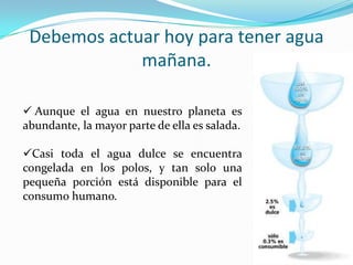 Debemos actuar hoy para tener agua mañana. Aunque el agua en nuestro planeta es abundante, la mayor parte de ella es salada.