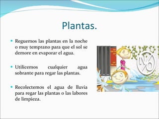 Plantas. Reguemos las plantas en la noche o muy temprano para que el sol se demore en evaporar el agua. Utilicemos cualquier agua sobrante para regar las plantas. Recolectemos el agua de lluvia para regar las plantas o las labores de limpieza. 