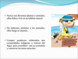 Nunca nos llevemos plantas o animales; ellos deben vivir en su hábitat natural. No debemos molestar a los animales, ellos luego se alejarán. Compra productos elaborados por comunidades indígenas o nativas del lugar, para contribuir  con su economía y conservar las áreas naturales. 