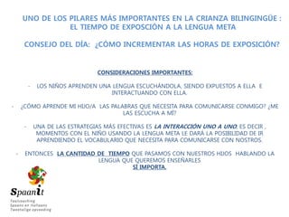 UNO DE LOS PILARES MÁS IMPORTANTES EN LA CRIANZA BILINGINGÜE :
EL TIEMPO DE EXPOSCIÓN A LA LENGUA META
CONSEJO DEL DÍA: ¿CÓMO INCREMENTAR LAS HORAS DE EXPOSICIÓN?
CONSIDERACIONES IMPORTANTES:
- LOS NIÑOS APRENDEN UNA LENGUA ESCUCHÁNDOLA, SIENDO EXPUESTOS A ELLA E
INTERACTUANDO CON ELLA.
- ¿CÓMO APRENDE MI HIJO/A LAS PALABRAS QUE NECESITA PARA COMUNICARSE CONMIGO? ¿ME
LAS ESCUCHA A MÍ?
- UNA DE LAS ESTRATEGIAS MÁS EFECTIVAS ES LA INTERACCIÓN UNO A UNO, ES DECIR ,
MOMENTOS CON EL NIÑO USANDO LA LENGUA META LE DARÁ LA POSIBILIDAD DE IR
APRENDIENDO EL VOCABULARIO QUE NECESITA PARA COMUNICARSE CON NOSTROS.
- ENTONCES LA CANTIDAD DE TIEMPO QUE PASAMOS CON NUESTROS HIJOS HABLANDO LA
LENGUA QUE QUEREMOS ENSEÑARLES
SÍ IMPORTA.
 