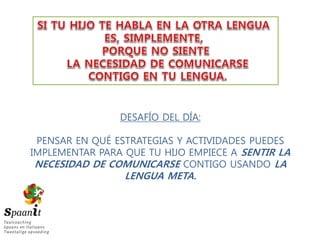 DESAFÍO DEL DÍA:
PENSAR EN QUÉ ESTRATEGIAS Y ACTIVIDADES PUEDES
IMPLEMENTAR PARA QUE TU HIJO EMPIECE A SENTIR LA
NECESIDAD DE COMUNICARSE CONTIGO USANDO LA
LENGUA META.
 