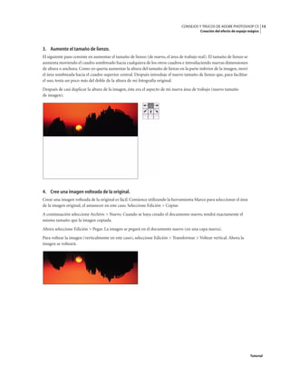 13
CONSEJOS Y TRUCOS DE ADOBE PHOTOSHOP CS
Creación del efecto de espejo mágico
Tutorial
3. Aumente el tamaño de lienzo.
El siguiente paso consiste en aumentar el tamaño de lienzo (de nuevo, el área de trabajo real). El tamaño de lienzo se
aumenta moviendo el cuadro sombreado hacia cualquiera de los otros cuadros e introduciendo nuevas dimensiones
de altura o anchura. Como yo quería aumentar la altura del tamaño de lienzo en la parte inferior de la imagen, moví
el área sombreada hacia el cuadro superior central. Después introduje el nuevo tamaño de lienzo que, para facilitar
el uso, tenía un poco más del doble de la altura de mi fotografía original.
Después de casi duplicar la altura de la imagen, éste era el aspecto de mi nueva área de trabajo (nuevo tamaño
de imagen).
4. Cree una imagen volteada de la original.
Crear una imagen volteada de la original es fácil. Comience utilizando la herramienta Marco para seleccionar el área
de la imagen original, el amanecer en este caso. Seleccione Edición > Copiar.
A continuación seleccione Archivo > Nuevo. Cuando se haya creado el documento nuevo, tendrá exactamente el
mismo tamaño que la imagen copiada.
Ahora seleccione Edición > Pegar. La imagen se pegará en el documento nuevo (en una capa nueva).
Para voltear la imagen (verticalmente en este caso), seleccione Edición > Transformar > Voltear vertical. Ahora la
imagen se volteará.
 