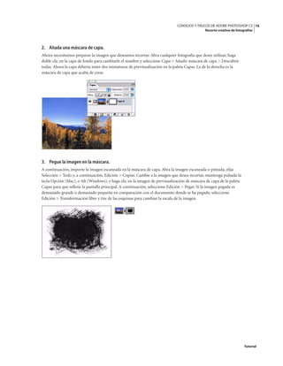 16
CONSEJOS Y TRUCOS DE ADOBE PHOTOSHOP CS
Recorte creativo de fotografías
Tutorial
2. Añada una máscara de capa.
Ahora necesitamos preparar la imagen que deseamos recortar. Abra cualquier fotografía que desee utilizar, haga
doble clic en la capa de fondo para cambiarle el nombre y seleccione Capa > Añadir máscara de capa > Descubrir
todas. Ahora la capa debería tener dos miniaturas de previsualización en la paleta Capas. La de la derecha es la
máscara de capa que acaba de crear.
3. Pegue la imagen en la máscara.
A continuación, importe la imagen escaneada en la máscara de capa. Abra la imagen escaneada o pintada, elija
Selección > Todo y, a continuación, Edición > Copiar. Cambie a la imagen que desea recortar, mantenga pulsada la
tecla Opción (Mac), o Alt (Windows), y haga clic en la imagen de previsualización de máscara de capa de la paleta
Capas para que rellene la pantalla principal. A continuación, seleccione Edición > Pegar. Si la imagen pegada es
demasiado grande o demasiado pequeña en comparación con el documento donde se ha pegado, seleccione
Edición > Transformación libre y tire de las esquinas para cambiar la escala de la imagen.
 