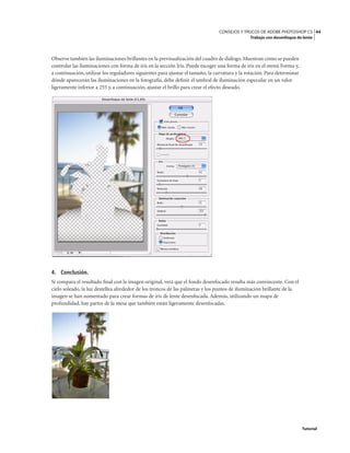 44
CONSEJOS Y TRUCOS DE ADOBE PHOTOSHOP CS
Trabajo con desenfoque de lente
Tutorial
Observe también las iluminaciones brillantes en la previsualización del cuadro de diálogo. Muestran cómo se pueden
controlar las iluminaciones con forma de iris en la sección Iris. Puede escoger una forma de iris en el menú Forma y,
a continuación, utilizar los reguladores siguientes para ajustar el tamaño, la curvatura y la rotación. Para determinar
dónde aparecerán las iluminaciones en la fotografía, debe definir el umbral de iluminación especular en un valor
ligeramente inferior a 255 y, a continuación, ajustar el brillo para crear el efecto deseado.
4. Conclusión.
Si compara el resultado final con la imagen original, verá que el fondo desenfocado resulta más convincente. Con el
cielo soleado, la luz destellea alrededor de los troncos de las palmeras y los puntos de iluminación brillante de la
imagen se han aumentado para crear formas de iris de lente desenfocada. Además, utilizando un mapa de
profundidad, hay partes de la mesa que también están ligeramente desenfocadas.
 