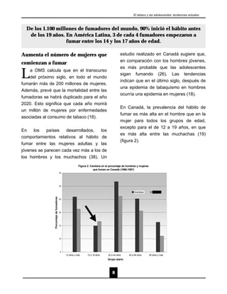El tabaco y las adolescentes: tendencias actuales



  De los 1.100 millones de fumadores del mundo, 90% inició el hábito antes
   de los 19 años. En América Latina, 3 de cada 4 fumadores empezaron a
                   fumar entre los 14 y los 17 años de edad.

Aumenta el número de mujeres que                                                            estudio realizado en Canadá sugiere que,
                                                                                            en comparación con los hombres jóvenes,
comienzan a fumar

L
                                                                                            es más probable que las adolescentes
    a OMS calcula que en el transcurso
                                                                                            sigan fumando (26). Las tendencias
    del próximo siglo, en todo el mundo
                                                                                            indican que en el último siglo, después de
fumarán más de 200 millones de mujeres.
                                                                                            una epidemia de tabaquismo en hombres
Además, prevé que la mortalidad entre las
                                                                                            ocurría una epidemia en mujeres (18).
fumadoras se habrá duplicado para el año
2020. Esto significa que cada año morirá
                                                                                            En Canadá, la prevalencia del hábito de
un millón de mujeres por enfermedades
                                                                                            fumar es más alta en el hombre que en la
asociadas al consumo de tabaco (18).
                                                                                            mujer para todos los grupos de edad,
                                                                                            excepto para el de 12 a 19 años, en que
En    los   países   desarrollados,  los
                                                                                            es más alta entre las muchachas (19)
comportamientos relativos al hábito de
                                                                                            (figura 2).
fumar entre las mujeres adultas y las
jóvenes se parecen cada vez más a los de
los hombres y los muchachos (38). Un
                                                          Figura 2: Cambios en el porcentaje de hombres y mujeres
                                                                      que fuman en Canadá (1996-1997)
                                          35




                                          30


                                                                                                     Hombres          Mujeres
                Porcentaje de fumadores




                                          25




                                          20




                                          15




                                          10




                                          5
                                               12 años y más     12 a 19 años    20 a 44 años    45 a 64 años       65 años y más

                                                                                 Grupo etario




                                                                                    8
 
