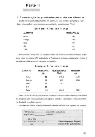 Parte II
7. Determinação do quantitativo per capita dos alimentos
Estabelecer a quantidade per capita, em gramas, de cada alimento que compõe o car-
dápio, observando o cumprimento às recomendações nutricionais do PNAE.
ALIMENTO
Arroz
Frango
Óleo
Sal
Total
Exemplo: A r r o z c o m f r a n g o
PER CAPITA (g)
60
50
05
01
116
Balanceamento nutricional: Os cardápios devem ser balanceados nutricionalmente de for-
ma a cobrir no mínimo 350 quilocalorias e 9 gramas de proteínas, diariamente. Assim, o
cardápio escolhido apresenta a seguinte composição:
Exemplo: A r r o z c o m f r a n g o
ALIMENTO
Arroz
Frango
Óleo
Sal
Total
PER-CAPITA
(g)
60
50
05
01
116
QUILOCALORIA
(Kcal)
218,4
92,5
44
354,5
PROTEÍNA
(g)
4,21
10,00
14,21
Para o cálculo de calorias e de proteínas devem ser considerados os valores de cada alimen-
to, de acordo com o seu quantitativo per capita no cardápio. Utilizaremos como demonstrati-
vo do cálculo o cardápio anterior:
• Os valores de calorias de cada alimento são obtidos mediante uma regra de três simples:
 