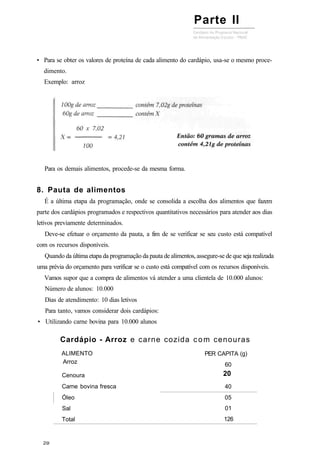 Para os demais alimentos, procede-se da mesma forma.
8. Pauta de alimentos
É a última etapa da programação, onde se consolida a escolha dos alimentos que fazem
parte dos cardápios programados e respectivos quantitativos necessários para atender aos dias
letivos previamente determinados.
Deve-se efetuar o orçamento da pauta, a fim de se verificar se seu custo está compatível
com os recursos disponíveis.
Quando da última etapa da programação da pauta de alimentos, assegure-se de que seja realizada
uma prévia do orçamento para verificar se o custo está compatível com os recursos disponíveis.
Vamos supor que a compra de alimentos vá atender a uma clientela de 10.000 alunos:
Número de alunos: 10.000
Dias de atendimento: 10 dias letivos
Para tanto, vamos considerar dois cardápios:
• Utilizando carne bovina para 10.000 alunos
Cardápio - Arroz e carne cozida com cenouras
ALIMENTO
Arroz
Cenoura
Carne bovina fresca
Óleo
Sal
Total
PER CAPITA (g)
60
20
40
05
01
126
• Para se obter os valores de proteína de cada alimento do cardápio, usa-se o mesmo proce-
dimento.
Exemplo: arroz
Parte II
 