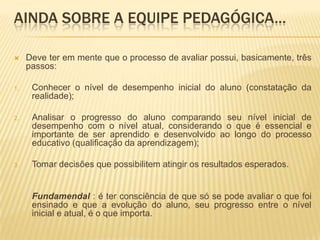 AINDA SOBRE A EQUIPE PEDAGÓGICA...Deve ter em mente que o processo de avaliar possui, basicamente, três passos:  Conhecer o nível de desempenho inicial do aluno (constatação da realidade);Analisar o progresso do aluno comparando seu nível inicial de desempenho com o nível atual, considerando o que é essencial e importante de ser aprendido e desenvolvido ao longo do processo educativo (qualificação da aprendizagem);Tomar decisões que possibilitem atingir os resultados esperados.Fundamendal : é ter consciência de que só se pode avaliar o que foi ensinado e que a evolução do aluno, seu progresso entre o nível inicial e atual, é o que importa.
