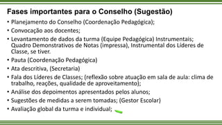 Fases importantes para o Conselho (Sugestão)
• Planejamento do Conselho (Coordenação Pedagógica);
• Convocação aos docentes;
• Levantamento de dados da turma (Equipe Pedagógica) Instrumentais;
Quadro Demonstrativos de Notas (impressa), Instrumental dos Líderes de
Classe, se tiver.
• Pauta (Coordenação Pedagógica)
• Ata descritiva, (Secretaria)
• Fala dos Líderes de Classes; (reflexão sobre atuação em sala de aula: clima de
trabalho, reações, qualidade de aproveitamento);
• Análise dos depoimentos apresentados pelos alunos;
• Sugestões de medidas a serem tomadas; (Gestor Escolar)
• Avaliação global da turma e individual;
 