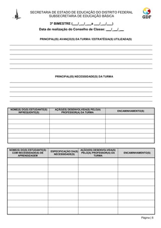 SECRETARIA DE ESTADO DE EDUCAÇÃO DO DISTRITO FEDERAL
                       SUBSECRETARIA DE EDUCAÇÃO BÁSICA

                             3º BIMESTRE (     /_    /_   a    /_   /   )
                    Data de realização do Conselho de Classe:           /_    /_

                     PRINCIPAL(IS) AVANÇO(S) DA TURMA / ESTRATÉGIA(S) UTILIZADA(S)




                                PRINCIPAL(IS) NECESSIDADE(S) DA TURMA




NOME(S) DO(S) ESTUDANTE(S)     AÇÃO(ES) DESENVOLVIDA(S) PELO(A)
                                                                              ENCAMINHAMENTO(S)
     INFREQUENTE(S)                PROFESSOR(A) DA TURMA




NOME(S) DO(S) ESTUDANTE(S)                         AÇÃO(ES) DESENVOLVIDA(S)
                             ESPECIFICAÇÃO DA(S)
  COM NECESSIDADE(S) DE                             PELO(A) PROFESSOR(A) DA        ENCAMINHAMENTO(S)
                               NECESSIDADE(S)
     APRENDIZAGEM                                            TURMA




                                                                                              Página | 6
 