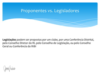 Art. 13. A iniciativa popular consiste na apresentação de projeto de lei à Câmara dos Deputados, subscrito por, no mínimo, um por cento do eleitorado nacional, distribuído pelo menos por cinco Estados, com não menos de três décimos por cento dos eleitores de cada um deles.§ 1o O projeto de lei de iniciativa popular deverá circunscrever-se a um só assunto.§ 2o O projeto de lei de iniciativa popular não poderá ser rejeitado por vício de forma, cabendo à Câmara dos Deputados, por seu órgão competente, providenciar a correção de eventuais impropriedades de técnica legislativa ou de redação.Proponentes vs. LegisladoresLegislações podem ser propostas por um clube, por uma Conferência Distrital,pelo Conselho Diretor do RI, pelo Conselho de Legislação, ou pelo ConselhoGeral ou Conferência do RIBI