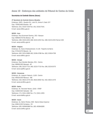Anexo 10 - Endereços das unidades do Tribunal de Contas da União
Secretarias de Controle Externo (Secex)




                                                                         ANEXO 10 - ENDEREÇOS DAS UNIDADES DO TRIBUNAL DE CONTAS DA UNIÃO
4ª Secretaria de Controle Externo (Brasília)
Endereço: SAFS - Quadra 04 - Lote 01, Anexo II, Sala 157
Cep: 70042-900 Brasília - DF
Telefones: (61) 3316-7334 Fax: (61) 3316-7541
E-mail: secex-4@tcu.gov.br

SECEX - Acre
Endereço: Rua Guiomard Santos, 353 - Bosque
Cep: 69909-370 Rio Branco - AC
Telefones: (68) 3224-1052 (68) 3224-1053 Fax: (68) 3224-1052 Ramal 226
E-mail: secex-ac@tcu.gov.br

SECEX - Alagoas
Endereço: Av. Assis Chateaubriand, 4.118 - Trapiche da Barra
Cep: 57010-070 Maceió - AL
Telefones: (82) 3221-5686 (82) 3336-4788 Fax: (82) 3336-4799
E-mail: secex-al@tcu.gov.br

SECEX - Amapá
Endereço: Rua Cândido Mendes, 501 - Centro
Cep: 68906-260 Macapá - AP
Telefones: (96) 3223-7731 (96) 3223-7733 Fax: (96) 3223-0370
E-mail: secex-ap@tcu.gov.br

SECEX - Amazonas
Endereço: Av. Joaquim Nabuco, 1193 - Centro
Cep: 69020-030 Manaus - AM
Telefones: (92) 3622-1576 (92) 3622-2692 Fax: (92) 3622-1576
E-mail: secex-am@tcu.gov.br

SECEX - Bahia
Endereço: Av. Tancredo Neves, 2242 - STIEP
Cep: 41820-020 Salvador - BA
Telefones: (71) 3341-1966 Fax: (71) 3341-1955
E-mail: secex-ba@tcu.gov.br

SECEX - Ceará
Endereço: Av. Valmir Pontes, 900 - Bairro Edson Queiroz
Cep: 60812-020 Fortaleza - CE
Telefones: (85) 4008-8388 Fax: (85) 4008-8385
E-mail: secex-ce@tcu.gov.br
                                                                         123
 
