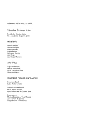 República Federativa do Brasil


Tribunal de Contas da União
Presidente: Ubiratan Aguiar
Vice-presidente: Benjamin Zymler


MINISTROS
Valmir Campelo
Walton Rodrigues
Augusto Nardes
Aroldo Cedraz
Raimundo Carreiro
José Jorge
José Múcio Monteiro


AUDITORES

Augusto Sherman
Marcos Bemquerer
André Luís de Carvalho
Weder de Oliveira


MINISTÉRIO PÚBLICO JUNTO AO TCU

Procurador-Geral:
Lucas Rocha Furtado

Subprocuradores-Gerais:
Paulo Soares Bugarin
Cristina Machado da Costa e Silva

Procuradores:
Marinus Eduardo de Vries Marsico
Júlio Marcelo de Oliveira
Sérgio Ricardo Costa Caribé
 