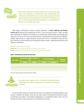Talvez seja necessário convocar técnicos do setor de planeja-
                    mento da secretaria, que geralmente são responsáveis pela
                    elaboração do Relatório, ou de outros setores, para prestarem
                    esclarecimentos aos conselheiros, traduzindo a linguagem mais
                    técnica do documento para uma linguagem mais simplificada e
                    fácil de ser entendida por todos.




                                                                                                                   Detalhando as Principais Competências do conselho de saúde
   Além disso, o Ministério da Saúde também apresenta, na Série Cadernos de Planeja-
mento, Vol. 6 (Sistema de Planejamento do SUS – Uma construção coletiva - 2009), um guia
para elaboração do Relatório de Gestão e um modelo para apresentação da execução das
ações de uma forma mais clara que pode facilitar o entendimento dos conselheiros (BRASIL,
2009d). Apresentamos a seguir proposta de estrutura do item 3 do Relatório Anual de Ges-
tão (referente ao demonstrativo da execução das ações anuais), sugerida pelo Ministério da
Saúde na publicação:

OBJETIVO DO PLANO DE SAÚDE:
Diretrizes (do Plano de Saúde para o alcance do objetivo):
Metas (do Plano de Saúde para o alcance do objetivo destacado):

Quadro – Demonstrativo da execução das ações anuais

                           Metas anuais (conforme constante do
                                                                         Recursos orçamentários      Observações
    Ações anuais*                          PAS)
                                                                                                     específicas
                                Prevista                 Realizada     Previstos        Executados




*Devem incluir aquelas constantes do Termo de Compromisso de Gestão.




                    O conselho deve negociar com o Secretário de Saúde para que
                    a elaboração do relatório siga essas orientações do Ministério
                    da Saúde.




    É a partir desse conjunto de procedimentos que os conselheiros de saúde poderão ou não
aprovar o Relatório de Gestão, antes que ele seja enviado à Secretaria Municipal de Saúde,
ao Ministério da Saúde, às Comissões Intergestores e ao Ministério Público, bem como ao
Tribunal de Contas, neste caso junto com a Prestação de Contas.
                                                                                                                   45
 
