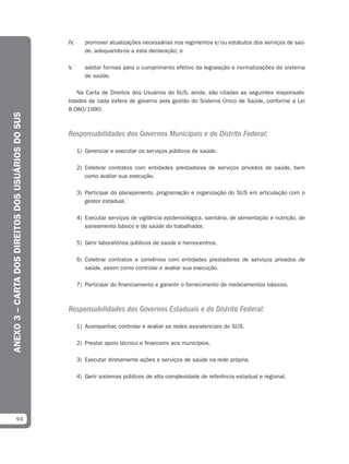IV.      promover atualizações necessárias nos regimentos e/ou estatutos dos serviços de saú-
                                                            de, adequando-os a esta declaração; e

                                                   V.       adotar formas para o cumprimento efetivo da legislação e normatizações do sistema
                                                            de saúde.

                                                       Na Carta de Direitos dos Usuários do SUS, ainda, são citadas as seguintes responsabi-
                                                   lidades de cada esfera de governo pela gestão do Sistema Único de Saúde, conforme a Lei
                                                   8.080/1990:
ANEXO 3 – CARTA DOS DIREITOS DOS USUÁRIOS DO SUS




                                                   Responsabilidades dos Governos Municipais e do Distrito Federal:

                                                         1) Gerenciar e executar os serviços públicos de saúde.

                                                         2) Celebrar contratos com entidades prestadoras de serviços privados de saúde, bem
                                                            como avaliar sua execução.

                                                         3) Participar do planejamento, programação e organização do SUS em articulação com o
                                                            gestor estadual.

                                                         4) Executar serviços de vigilância epidemiológica, sanitária, de alimentação e nutrição, de
                                                            saneamento básico e de saúde do trabalhador.

                                                         5) Gerir laboratórios públicos de saúde e hemocentros.

                                                         6) Celebrar contratos e convênios com entidades prestadoras de serviços privados de
                                                            saúde, assim como controlar e avaliar sua execução.

                                                         7) Participar do financiamento e garantir o fornecimento de medicamentos básicos.



                                                   Responsabilidades dos Governos Estaduais e do Distrito Federal:

                                                         1) Acompanhar, controlar e avaliar as redes assistenciais do SUS.

                                                         2) Prestar apoio técnico e financeiro aos municípios.

                                                         3) Executar diretamente ações e serviços de saúde na rede própria.

                                                         4) Gerir sistemas públicos de alta complexidade de referência estadual e regional.




              94
 