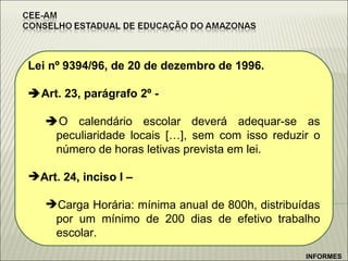 Lei nº 9394/96, de 20 de dezembro de 1996.  Art. 23, parágrafo 2º -   O calendário escolar deverá adequar-se as peculiaridade locais […], sem com isso reduzir o número de horas letivas prevista em lei. Art. 24, inciso I –  Carga Horária: mínima anual de 800h, distribuídas por um mínimo de 200 dias de efetivo trabalho escolar. INFORMES 