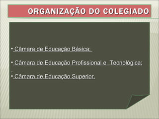 ORGANIZAÇÃO DO COLEGIADO Câmara de Educação Básica;  Câmara de Educação Profissional e  Tecnológica; Câmara de Educação Superior. 