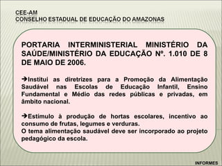 PORTARIA INTERMINISTERIAL MINISTÉRIO DA SAÚDE/MINISTÉRIO DA EDUCAÇÃO Nº. 1.010 DE 8 DE MAIO DE 2006. Institui as diretrizes para a Promoção da Alimentação Saudável nas Escolas de Educação Infantil, Ensino Fundamental e Médio das redes públicas e privadas, em âmbito nacional.  Estímulo à produção de hortas escolares, incentivo ao consumo de frutas, legumes e verduras. O tema alimentação saudável deve ser incorporado ao projeto pedagógico da escola. INFORMES 
