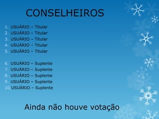 CONSELHEIROS
1. USUÁRIO – Titular
2. USUÁRIO – Titular

3. USUÁRIO – Titular
4. USUÁRIO – Titular
5. USUÁRIO – Titular

6. USUÁRIO – Suplente
7. USUÁRIO – Suplente
8. USUÁRIO – Suplente
9. USUÁRIO – Suplente
10.USUÁRIO – Suplente

Ainda não houve votação

 