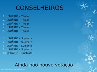 CONSELHEIROS
1. USUÁRIO – Titular
2. USUÁRIO – Titular
3. USUÁRIO – Titular
4. USUÁRIO – Titular
5. USUÁRIO – Titular
6. USUÁRIO – Suplente
7. USUÁRIO – Suplente
8. USUÁRIO – Suplente
9. USUÁRIO – Suplente
10.USUÁRIO – Suplente
Ainda não houve votação
Slide Elaborado por ASB Andressa Reis
 