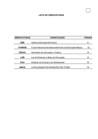 7

                       LISTA DE ABREVIATURAS




ABREVIATURAS                       SIGNIFICAÇÃO                       PÁGINA

    SME        Sistema Municipal de Ensino                              9

  FUNDEB       Fundo Nacional de Desenvolvimento da Educação Básica     10

   SEDUC       Secretaria de Educação e Cultura                        10

    LDB        Lei de Diretrizes e Base da Educação                    10

    ECA        Estatuto da Criança e do Adolescente                    10

   MAPA        LOCALIZAÇÃO DO MUNICÍPIO DE ITIÚBA                      16
 