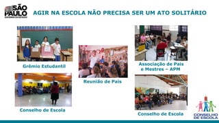 Grêmio Estudantil
Associação de Pais
e Mestres – APM
Reunião de Pais
Conselho de Escola
Conselho de Escola
AGIR NA ESCOLA NÃO PRECISA SER UM ATO SOLITÁRIO
 