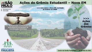 Ações do Grêmio Estudantil – Novo EM
>>> Live sobre o Novo EM, na Grade
do Grêmio no CMSP
Centro de Gestão Pedagógica – 18 de maio de 2021
>>>
Ações
dos
Grêmios
>>> Multiplicação e orientação dos
Articuladores às Equipes de
Coordenação Gremistas
 