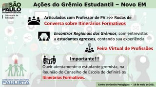 Ações do Grêmio Estudantil – Novo EM
Centro de Gestão Pedagógica – 18 de maio de 2021
Articulados com Professor de PV >>> Rodas de
Conversa sobre Itinerários Formativos
Encontros Regionais dos Grêmios, com entrevistas
a estudantes egressos, contando sua experiência
Feira Virtual de Profissões
Importante!!!
Ouvir atentamente o estudante gremista, na
Reunião do Conselho de Escola de definirá os
Itinerários Formativos.
 