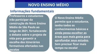 Professores e estudantes
irão participar da
construção do Novo Ensino
Médio de São Paulo ao
longo de 2021, fortalecendo
o debate sobre o projeto de
vida para garantir a
escolha dos itinerários
formativos ofertados nas
escolas
Informações fundamentais
NOVO ENSINO MÉDIO
O Novo Ensino Médio
permite que o estudante,
tenha todos os
conhecimentos básicos e
ainda possa escolher as
áreas que mais gosta para
aprofundar seus estudos.
Sem precisar ficar mais
tempo na escola!
 
