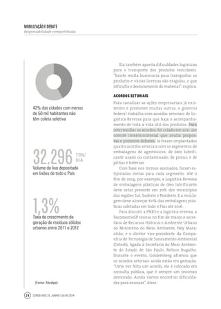 Conselhos 25 junho / julho 201424
Ela também aponta dificuldades logísticas
para o transporte dos produtos recicláveis.
“Existe muita burocracia para transportar os
produtos e várias licenças são exigidas, o que
dificulta o deslocamento do material”, explica.
Acordos setoriais
Para canalizar as ações empresariais já exis-
tentes e promover muitas outras, o governo
federal trabalha com acordos setoriais de Lo-
gística Reversa para que haja o acompanha-
mento de toda a vida útil dos produtos. Para
intermediar os acordos, foi criado em 2011 um
comitê interministerial que avalia propos-
tas e promove debates. Já foram implantados
quatro acordos setoriais com os segmentos de
embalagens de agrotóxicos; de óleo lubrifi-
cante usado ou contaminado; de pneus; e de
pilhas e baterias.
Com base nos termos assinados, foram es-
tipuladas metas para cada segmento. Até o
fim de 2014, por exemplo, a Logística Reversa
de embalagens plásticas de óleo lubrificante
deve estar presente em 70% dos municípios
das regiões Sul, Sudeste e Nordeste. E a recicla-
gem deve alcançar 60% das embalagens plás-
ticas coletadas em todo o País até 2016.
Para discutir a PNRS e a logística reversa, a
FecomercioSP reuniu no fim de março o secre-
tário de Recursos Hídricos e Ambiente Urbano
do Ministério do Meio Ambiente, Ney Mara-
nhão, e o diretor vice-presidente da Compa-
nhia de Tecnologia de Saneamento Ambiental
(Cetesb), ligada à Secretaria do Meio Ambien-
te do Estado de São Paulo, Nelson Bugalho.
Durante o evento, Goldemberg afirmou que
os acordos setoriais ainda estão em gestação.
“Uma vez feito um acordo, ele é colocado em
consulta pública, que é sempre um processo
demorado. Ainda vamos encontrar dificulda-
des para avançar”, disse.
Mobilização e Debate
Responsabilidade compartilhada
42% das cidades com menos
de 50 mil habitantes não
têm coleta seletiva
42+58+t
Volume de lixo depositado
em lixões de todo o País
Taxa de crescimento da
geração de resíduos sólidos
urbanos entre 2011 e 2012
32.296
1,3%
(Fonte: Abrelpe)
ton/
dia
 