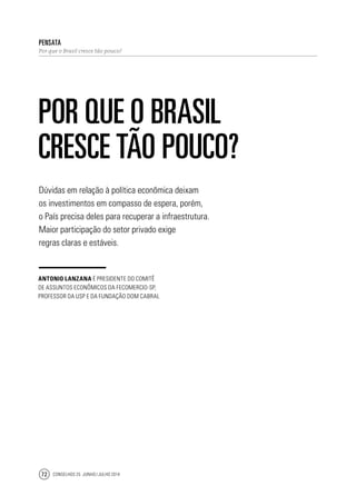 Conselhos 25 junho / julho 201472
Por que o Brasil
cresce tão pouco?
Antonio Lanzana é presidente do Comitê
de Assuntos Econômicos da Fecomercio-SP,
professor da USP e da Fundação Dom Cabral
Dúvidas em relação à política econômica deixam
os investimentos em compasso de espera, porém,
o País precisa deles para recuperar a infraestrutura.
Maior participação do setor privado exige
regras claras e estáveis.
pensata
Por que o Brasil cresce tão pouco?
 