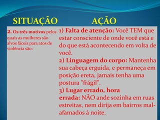 2. Os três motivos pelos 1) Falta de atenção: Você TEM que
quais as mulheres são       estar consciente de onde você está e
alvos fáceis para atos de
violência são:
                            do que está acontecendo em volta de
                            você.
                            2) Linguagem do corpo: Mantenha
                            sua cabeça erguida, e permaneça em
                            posição ereta, jamais tenha uma
                            postura "frágil".
                            3) Lugar errado, hora
                            errada: NÃO ande sozinha em ruas
                            estreitas, nem dirija em bairros mal-
                            afamados à noite.
 