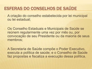 ESFERAS DO CONSELHOS DE SAÚDE
A criação do conselho estabelecida por lei municipal
ou lei estadual;
Os Conselho Estaduais e Municipais de Saúde se
reúnem regularmente uma vez por mês ou, por
convocação de seu Presidente ou da maioria de seus
membros;
A Secretaria de Saúde compõe o Poder Executivo,
executa a política de saúde; e o Conselho de Saúde
faz propostas e fiscaliza a execução dessa política.
 