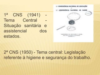 1ª CNS (1941) -
Tema Central -
Situação sanitária e
assistencial dos
estados.
2ª CNS (1950) - Tema central: Legislação
referente à higiene e segurança do trabalho.
 