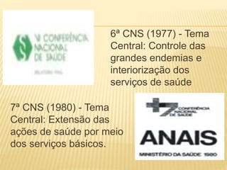 7ª CNS (1980) - Tema
Central: Extensão das
ações de saúde por meio
dos serviços básicos.
6ª CNS (1977) - Tema
Central: Controle das
grandes endemias e
interiorização dos
serviços de saúde
 