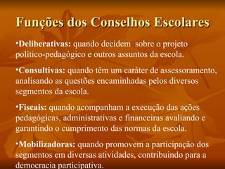Funções dos Conselhos Escolares Deliberativas:  quando decidem  sobre o projeto político-pedagógico e outros assuntos da escola. Consultivas:  quando têm um caráter de assessoramento, analisando as questões encaminhadas pelos diversos segmentos da escola. Fiscais:  quando acompanham a execução das ações pedagógicas, administrativas e financeiras avaliando e garantindo o cumprimento das normas da escola. Mobilizadoras:  quando promovem a participação dos segmentos em diversas atividades, contribuindo para a democracia participativa. 