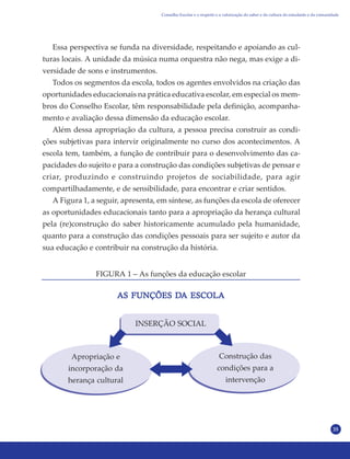 35
Essa perspectiva se funda na diversidade, respeitando e apoiando as cul-
turas locais. A unidade da música numa orquestra não nega, mas exige a di-
versidade de sons e instrumentos.
Todos os segmentos da escola, todos os agentes envolvidos na criação das
oportunidades educacionais na prática educativa escolar, em especial os mem-
bros do Conselho Escolar, têm responsabilidade pela definição, acompanha-
mento e avaliação dessa dimensão da educação escolar.
Além dessa apropriação da cultura, a pessoa precisa construir as condi-
ções subjetivas para intervir originalmente no curso dos acontecimentos. A
escola tem, também, a função de contribuir para o desenvolvimento das ca-
pacidades do sujeito e para a construção das condições subjetivas de pensar e
criar, produzindo e construindo projetos de sociabilidade, para agir
compartilhadamente, e de sensibilidade, para encontrar e criar sentidos.
A Figura 1, a seguir, apresenta, em síntese, as funções da escola de oferecer
as oportunidades educacionais tanto para a apropriação da herança cultural
pela (re)construção do saber historicamente acumulado pela humanidade,
quanto para a construção das condições pessoais para ser sujeito e autor da
sua educação e contribuir na construção da história.
AS FUNÇÕES DAS FUNÇÕES DAS FUNÇÕES DAS FUNÇÕES DAS FUNÇÕES DA ESCOLAA ESCOLAA ESCOLAA ESCOLAA ESCOLA
FIGURA 1 – As funções da educação escolar
INSERÇÃO SOCIAL
Apropriação e
incorporação da
herança cultural
Construção das
condições para a
intervenção
Conselho Escolar e o respeito e a valorização do saber e da cultura do estudante e da comunidade
 