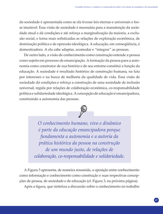 47
da sociedade é apresentada como se ela tivesse leis eternas e universais e fos-
se imutável. Essa visão de sociedade é necessária para a manutenção da socie-
dade atual e dá condições e até reforça a marginalização da maioria, a exclu-
são social, e torna mais sofisticadas as relações de exploração econômica, de
dominação política e de opressão ideológica. A educação, em conseqüência, é
domesticadora. A ela cabe adaptar, acomodar e “integrar” as pessoas.
De outro lado, a visão de conhecimento como construção entende a pessoa
como sujeito em processo de emancipação. A formação da pessoa para a auto-
nomia como construtor de sua história e de seu entorno constitui a função da
educação. A sociedade é resultado histórico de construção humana, na luta
por interesses e na busca de melhoria da qualidade de vida. Essa visão de
sociedade dá condições e reforça a construção de uma sociedade de inclusão
universal, regida por relações de colaboração econômica, co-responsabilidade
política e solidariedade ideológica. A concepção de educação é emancipadora,
construindo a autonomia das pessoas.
O conhecimento humano, vivo e dinâmico
é parte da educação emancipadora porque
fundamenta a autonomia e a autoria da
prática histórica da pessoa na construção
de um mundo justo, de relações de
colaboração, co-responsabilidade e solidariedade.
A Figura 3 apresenta, de maneira resumida, a oposição entre conhecimento
como informação e conhecimento como construção e suas respectivas concep-
ções de pessoa, de sociedade e de educação (cf. Figura 3, na próxima página).
Após a figura, que sintetiza a discussão sobre o conhecimento no trabalho
Conselho Escolar e o respeito e a valorização do saber e da cultura do estudante e da comunidade
 