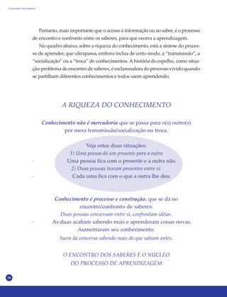 58
A RIQUEZA DO CONHECIMENTO
Conhecimento não é mercadoria que se passa para o(s) outro(s)
por mera transmissão/socialização ou troca.
Veja estas duas situações:
1) Uma pessoa dá um presente para a outra
· Uma pessoa fica com o presente e a outra não.
2) Duas pessoas trocam presentes entre si:
· Cada uma fica com o que a outra lhe deu.
Conhecimento é processo e construção, que se dá no
encontro/confronto de saberes:
Duas pessoas conversam entre si, confrontam idéias.
· As duas acabam sabendo mais e aprenderam coisas novas.
Aumentaram seu conhecimento.
Saem da conversa sabendo mais do que sabiam antes.
O ENCONTRO DOS SABERES É O NÚCLEO
DO PROCESSO DE APRENDIZAGEM
O encontro dos saberes
Portanto, mais importante que o acesso à informação ou ao saber, é o processo
de encontro e confronto entre os saberes, para que ocorra a aprendizagem.
No quadro abaixo, sobre a riqueza do conhecimento, está a síntese do proces-
so de aprender, que ultrapassa, embora inclua de certo modo, a “transmissão”, a
“socialização” ou a “troca” de conhecimentos. A história do espelho, como situa-
ção-problema de encontro de saberes, é esclarecedora do processo vivido quando
se partilham diferentes conhecimentos e todos saem aprendendo.
 