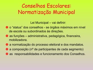 Conselhos Escolares: Normatização Municipal Lei Municipal – vai definir:    o “status” dos conselhos - se órgãos máximos em nível de escola ou subordinados às direções.    as funções – administrativa, pedagógica, financeira, mobilizadora.    a normatização do processo eleitoral e dos mandatos.    a composição (nº de participantes de cada segmento)    as  responsabilidades e funcionamento dos Conselhos. 