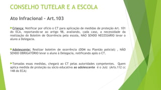 CONSELHO TUTELAR E A ESCOLA 
Ato Infracional – Art.103 
Criança: Notificar por ofício o CT para aplicação de medidas de proteção Art. 101 
do ECA, reportando-se ao artigo 98, avaliando, cada caso, a necessidade da 
realização do Boletim de Ocorrência pela escola, NÃO SENDO NECESSÁRIO levar o 
aluno a Delegacia. 
Adolescente: Realizar boletim de ocorrência (DDM ou Plantão policial) , NÃO 
SENDO OBRIGATÓRIO levar o aluno à Delegacia, notificando após o CT. 
Tomadas essas medidas, chegará ao CT pelas autoridades competentes. Quem 
aplica medida de proteção ou sócio educativa ao adolescente é o Juiz (Arts.112 cc 
148 do ECA) 
 