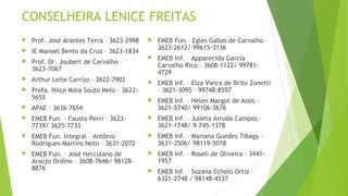 CONSELHEIRA LENICE FREITAS 
 Prof. José Arantes Terra – 3623-2998 
 IE Manoel Bento da Cruz – 3623-1834 
 Prof. Dr. Joubert de Carvalho – 
3623-7067 
 Arthur Leite Carrijo – 3622-7902 
 Profa. Nilce Maia Souto Melo – 3623- 
5655 
 APAE – 3636-7654 
 EMEB Fun. – Fausto Perri – 3623- 
7739/ 3625-7733 
 EMEB Fun. Integral – Antônio 
Rodrigues Martins Neto – 3631-2072 
 EMEB Fun. – José Herculano de 
Araújo Ordine – 3608-7646/ 98128- 
8876 
 EMEB Fun.– Egles Gabas de Carvalho – 
3623-2612/ 99615-3136 
 EMEB Inf. – Apparecida Garcia 
Carvalho Rico – 3608-1122/ 99781- 
4729 
 EMEB Inf. – Elza Vieira de Brito Zonetti 
– 3621-3095 – 99748-8597 
 EMEB Inf. – Helen Margot de Assis – 
3621-5740/ 99106-3676 
 EMEB Inf. – Julieta Arruda Campos – 
3621-1748/ 9-745-1378 
 EMEB Inf. – Mariana Guedes Tibagy – 
3631-3506/ 98119-5018 
 EMEB Inf. – Roseli de Oliveira – 3441- 
1957 
 EMEB Inf. – Suzana Echelo Ortiz – 
6321-2748 / 98148-4537 
 